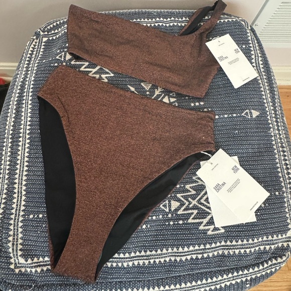NWT SARA CRISTINA One Shoulder High Waisted Bikini - Metallic Shiny Brown XS/S - Picture 6 of 16